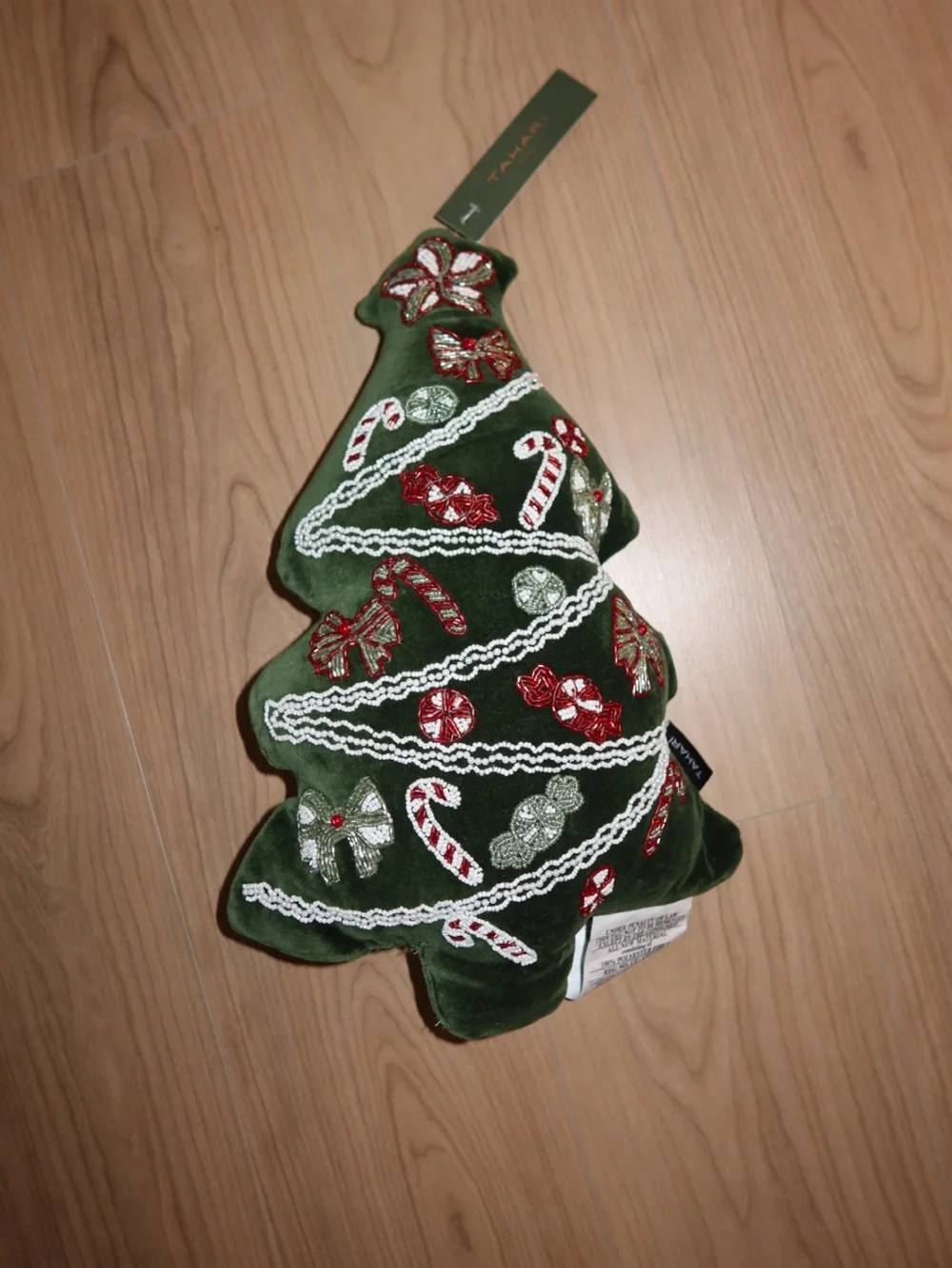 Tahari Green Velvet Christmas Tree Pillow with Red & White Embroidery